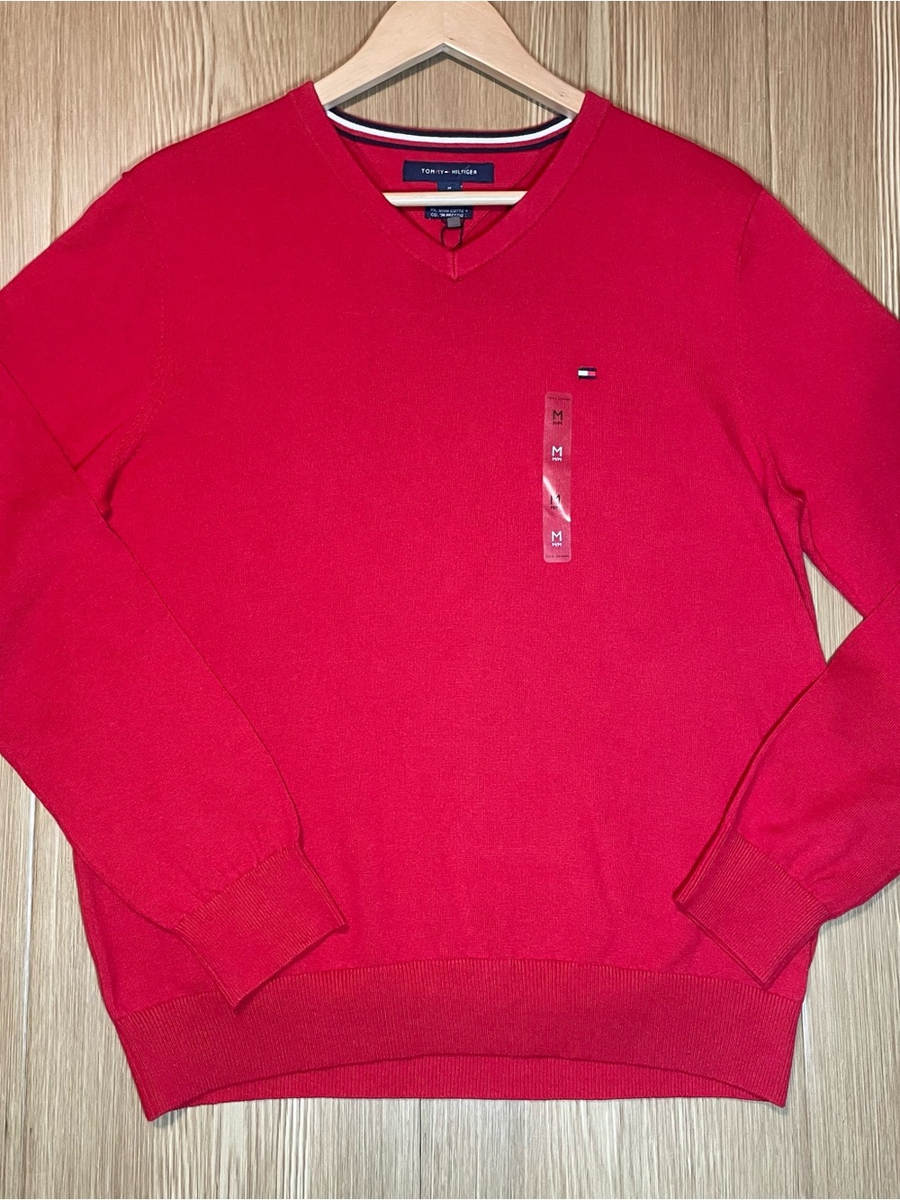 Tommy Hilfiger Mens V-Neck Sweater Red Premium Cotton NWT Size M